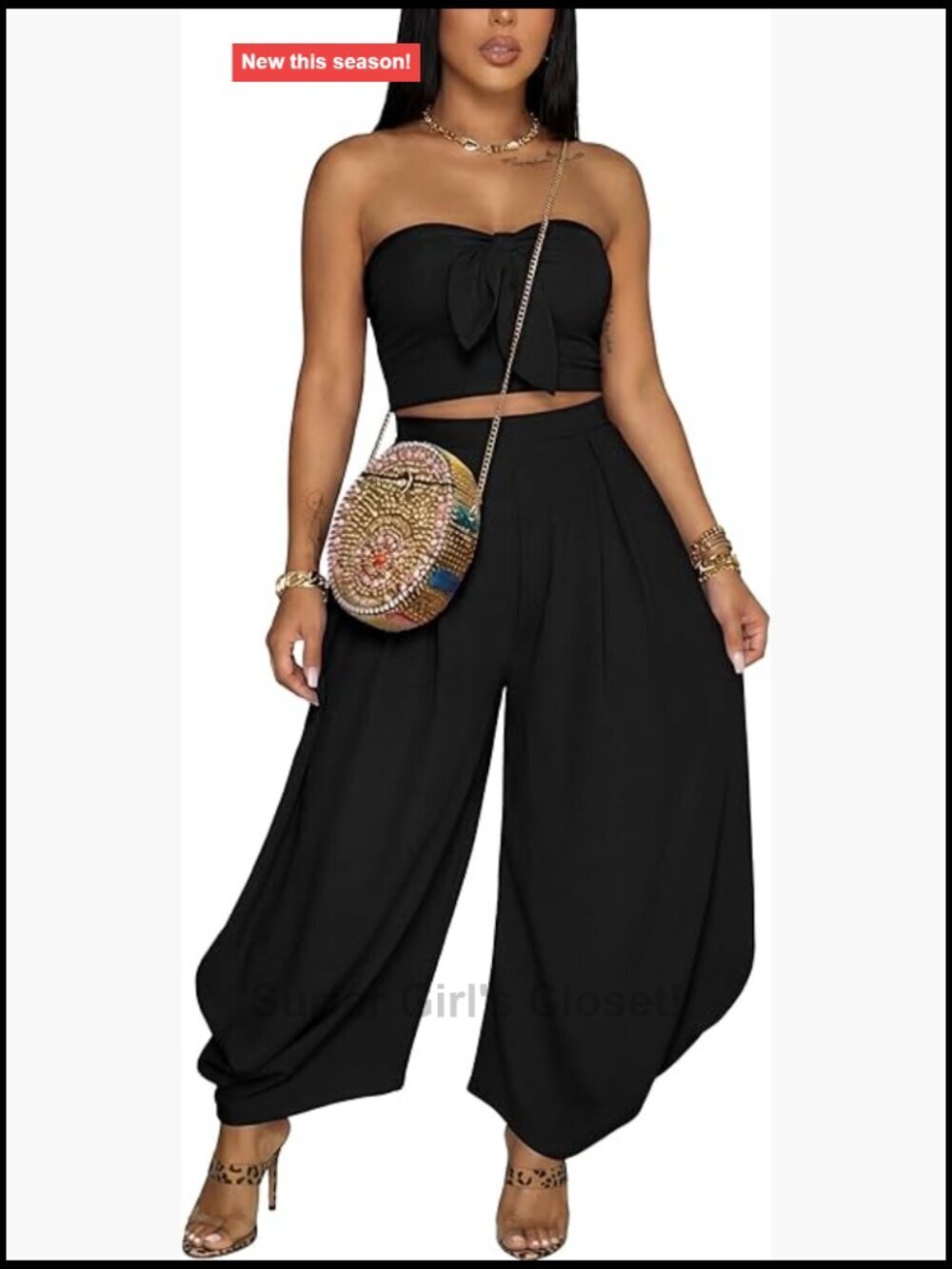 Off Shoulder Sleeveless Top and Wide Leg Pants 2 Piece Set with Bow